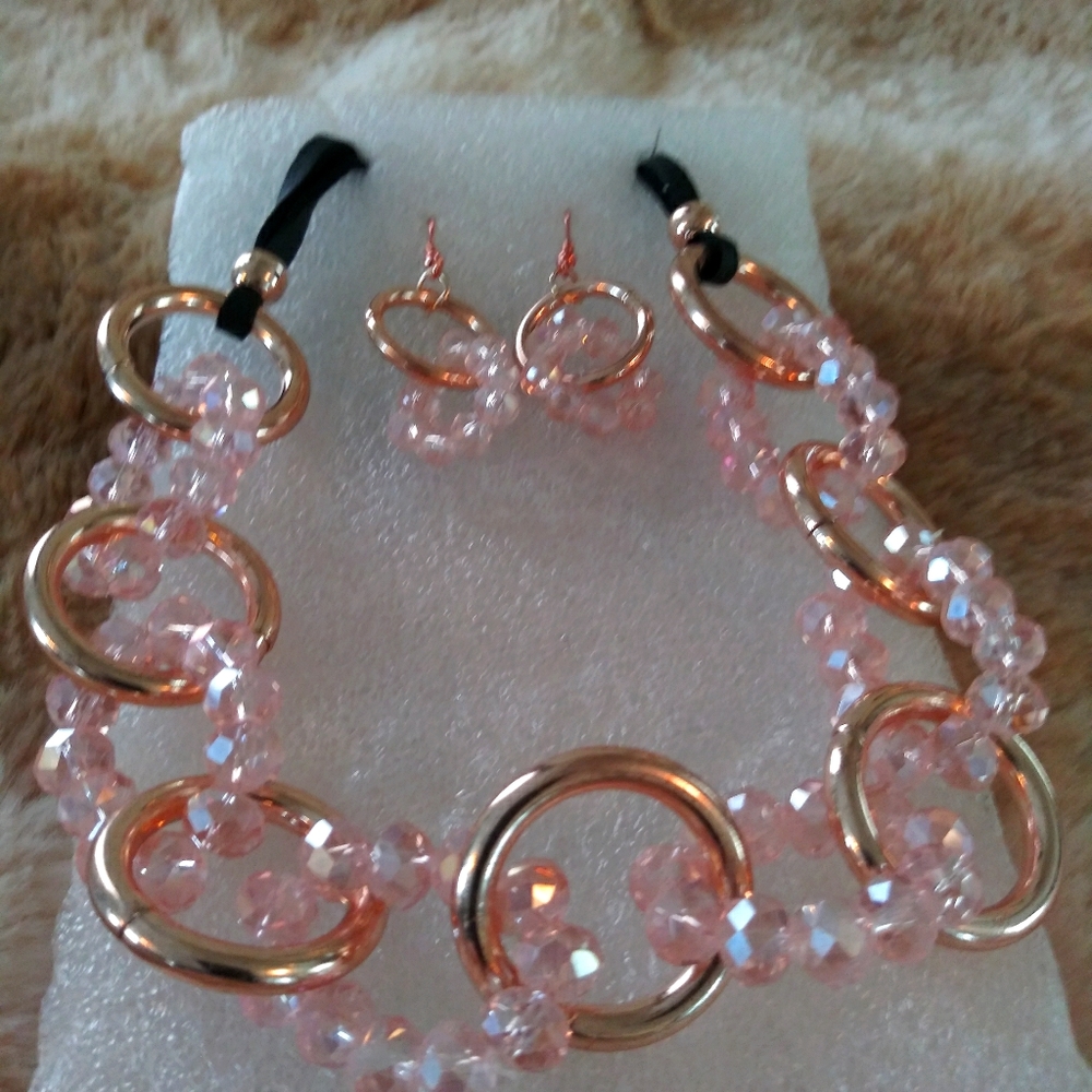 Pink Beads & Faux Leather Necklace & Earring Set
